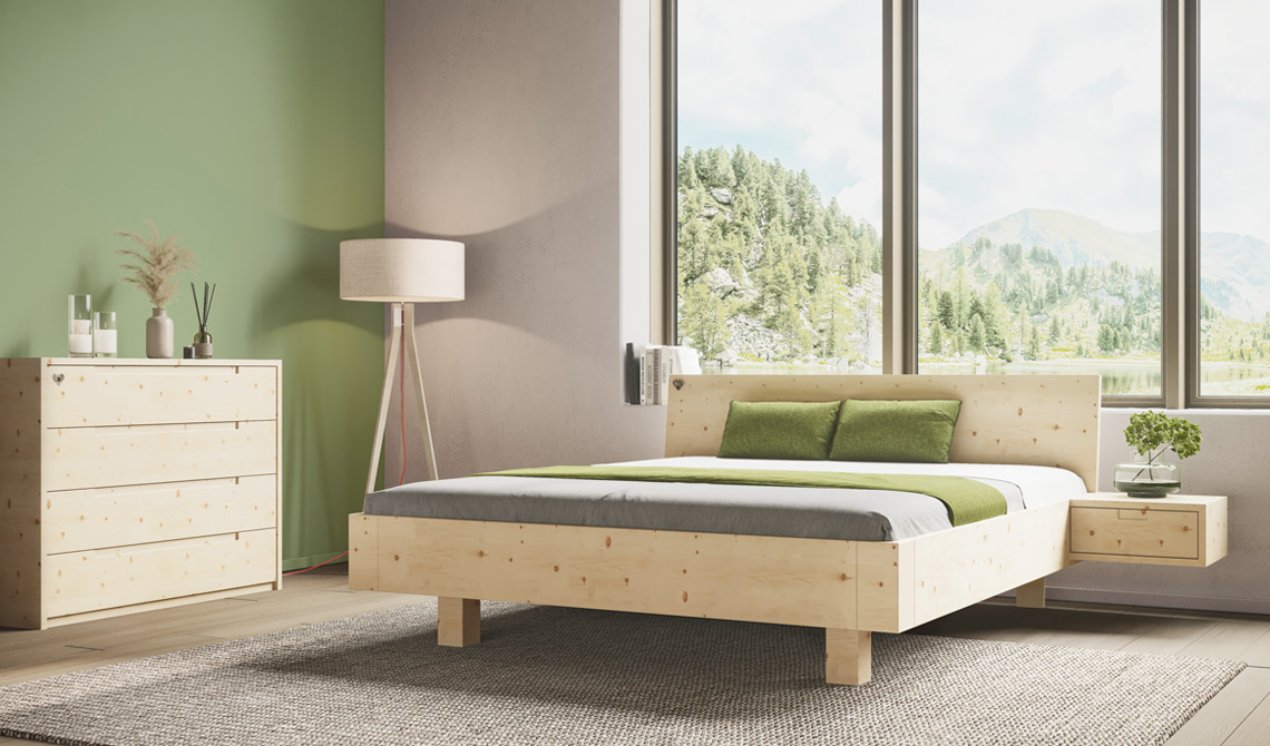 Schlafzimmer mit Zirbenbett und abgestimmtem Schlafsystem