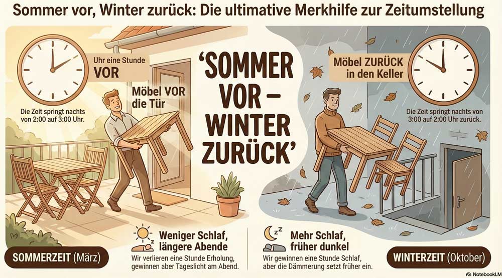 Grafik zur Eselsbrücke Zeitumstellung