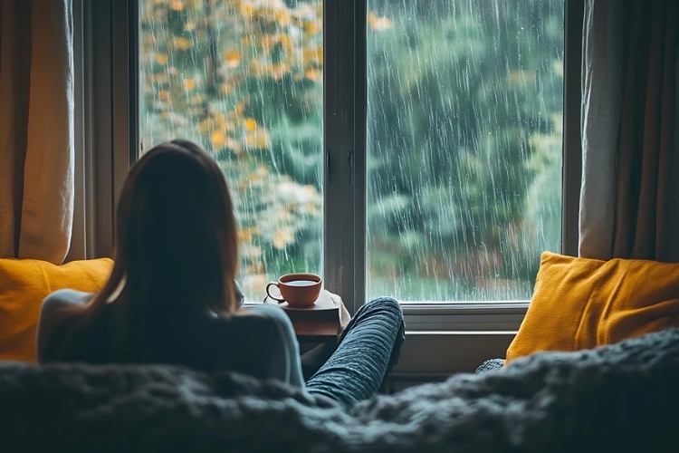 Frau sitzt mit Kaffee vorm Fenster und draußen regnets