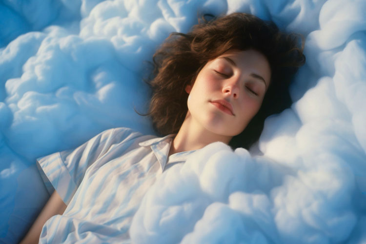 Frau schläft wie auf Wolken gebettet