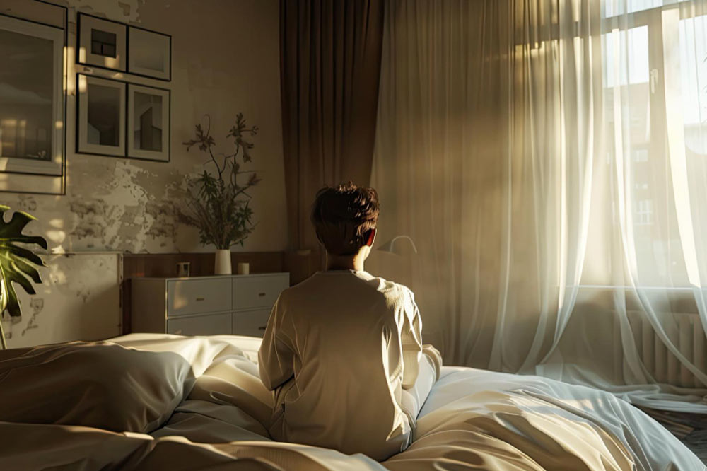 Mensch sitzt auf Bett in einem Schlafzimmer bei Sonnenuntergang