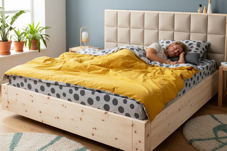 entspannter Männerkörper schläft im Zirbenholzbett